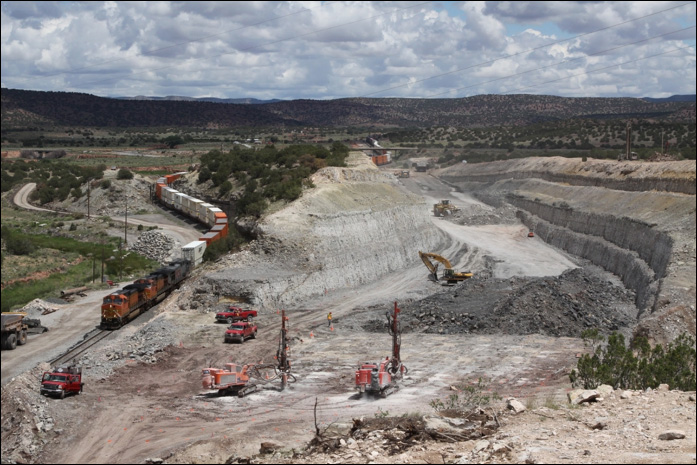 Construction crews make way for a second main track through Abo Canyon in 2012.