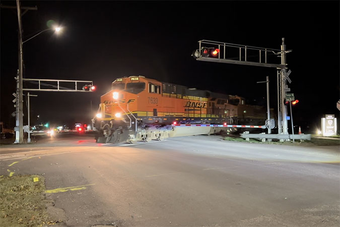 The first intermodal train, a high-priority Z train, crosses the new track on the Emporia Sub on Nov. 18. 