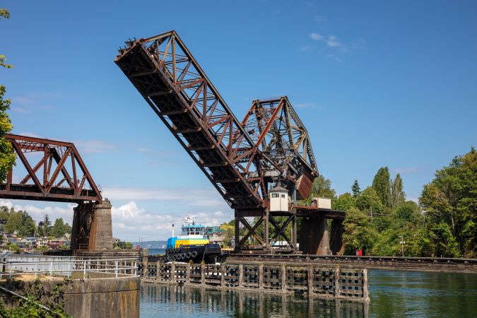 Salmon Bay bridge lifted to let a vessel pass. 